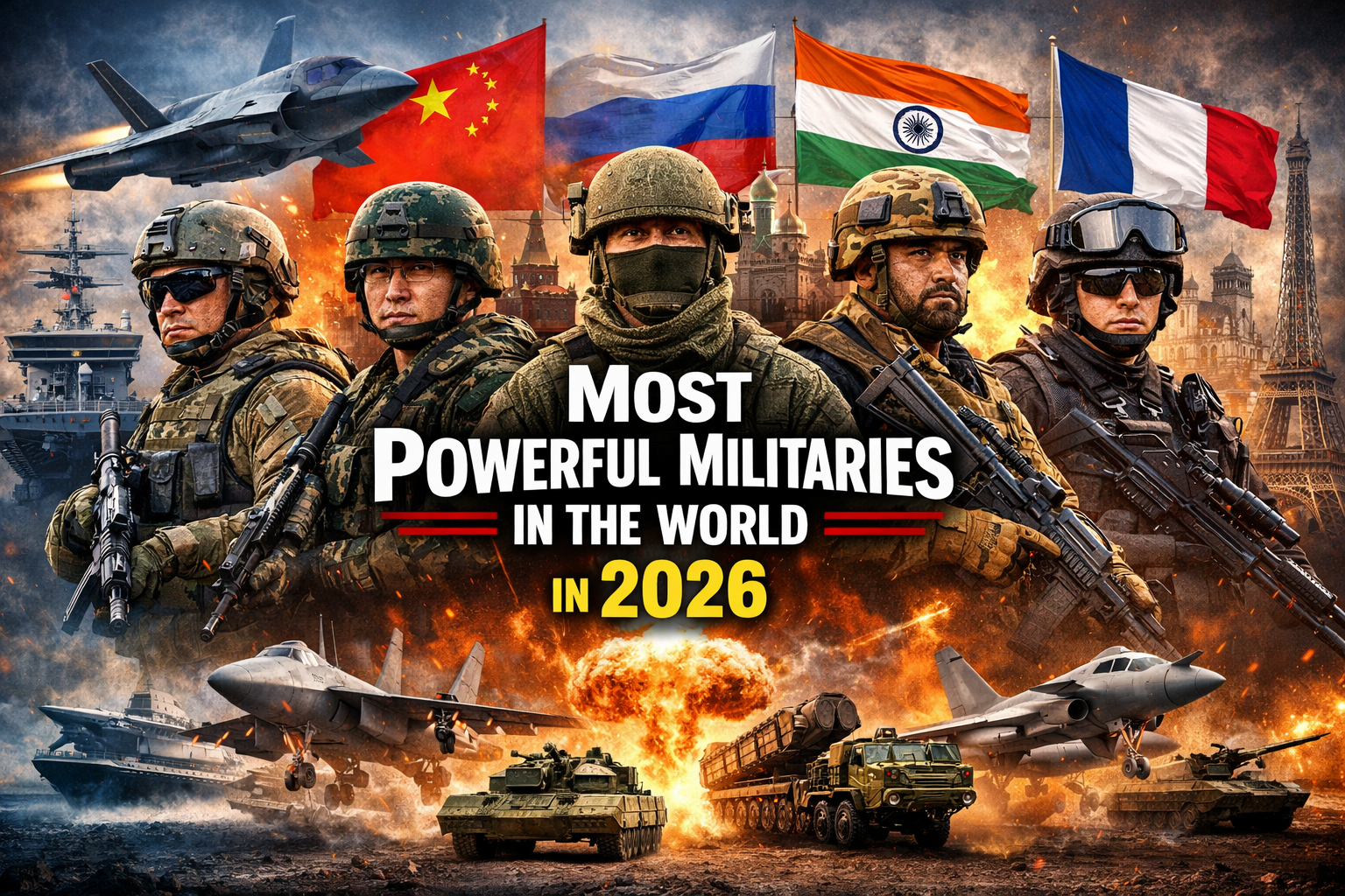 Most powerful militaries in the world 2026 featuring United States, China, Russia, India and France