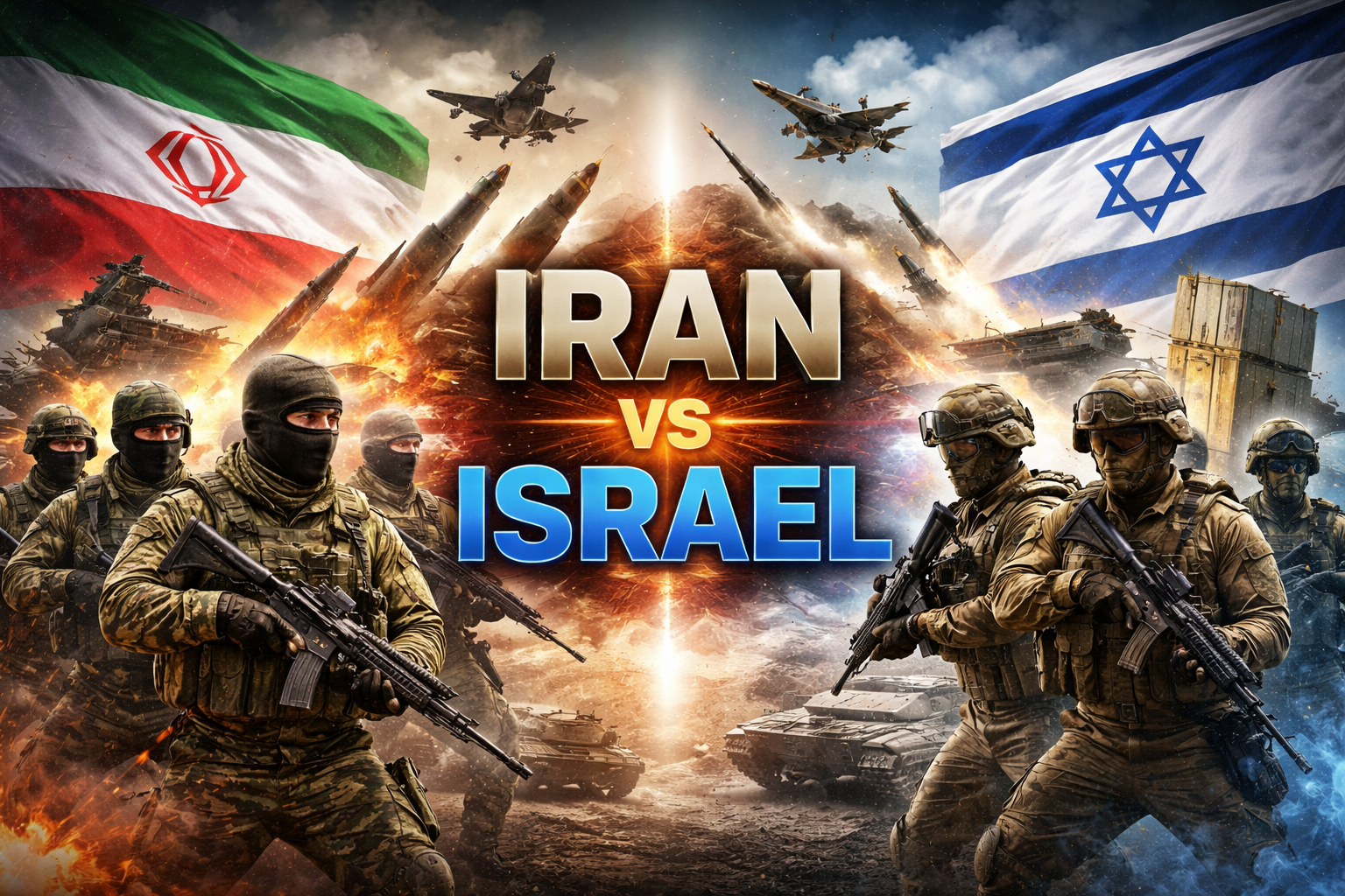 Iran vs Israel military power comparison showing soldiers, missiles, and fighter jets from both countries