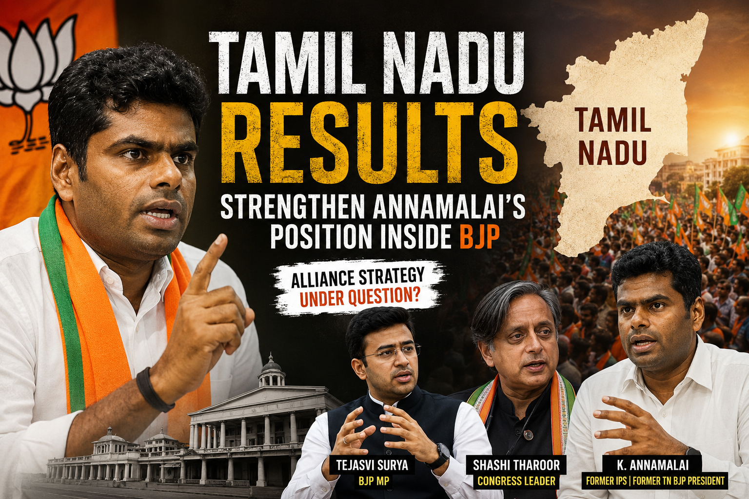 K Annamalai, Tejasvi Surya and Shashi Tharoor discussing BJP strategy and Tamil Nadu election results