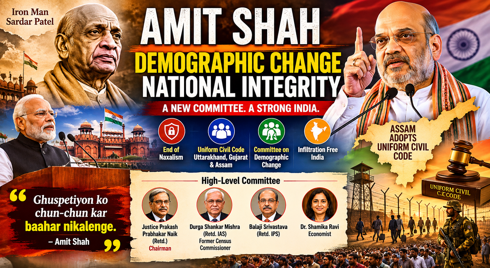 Union Home Minister Amit Shah addressing a public gathering while discussing demographic change, infiltration, and Uniform Civil Code reforms in India.